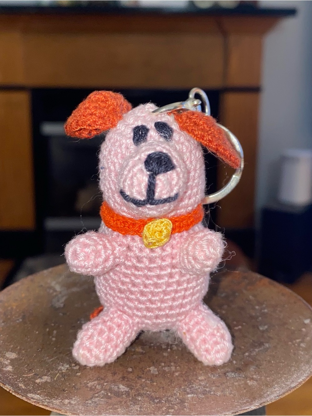 Handmade Pink Crochet Dog Keychain with Orange Collar
